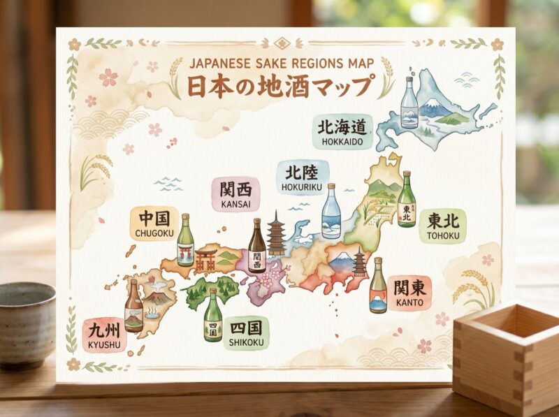 日本地図に各地域の代表銘柄が描かれた水彩イラスト：北海道から九州まで8エリアの日本酒