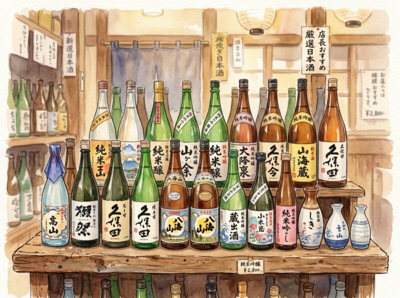 木の棚に並べられた様々な日本酒の瓶の水彩イラスト：スーパー陳列風