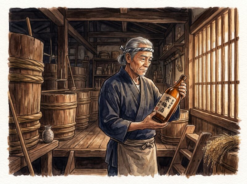 伝統的な日本の酒蔵で酒瓶を持つ杜氏の水彩イラスト：生酛・山廃・古酒の世界へ