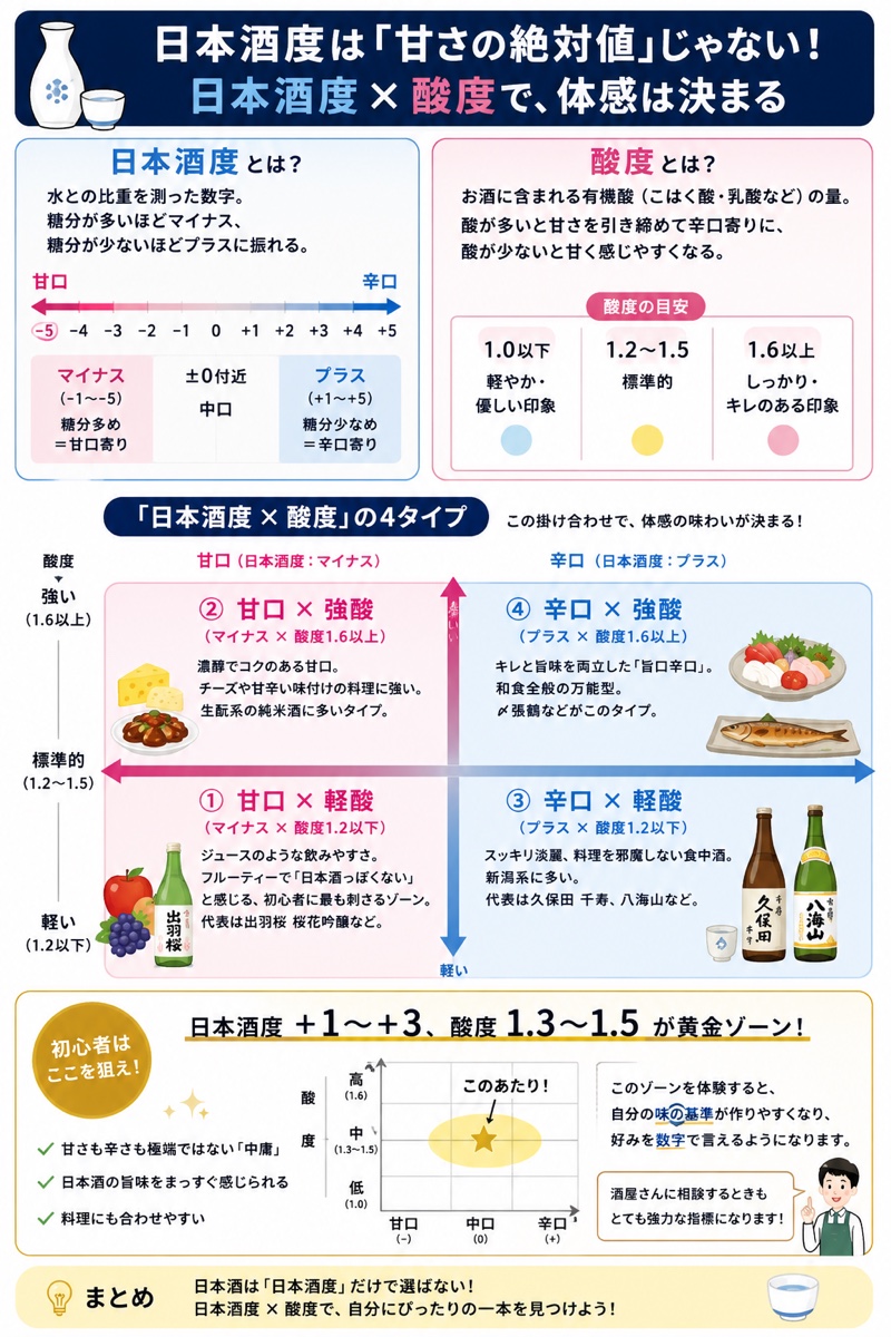 日本酒度と酸度を掛け合わせた4タイプの味わいマトリックスと初心者のゴールデンゾーン図解