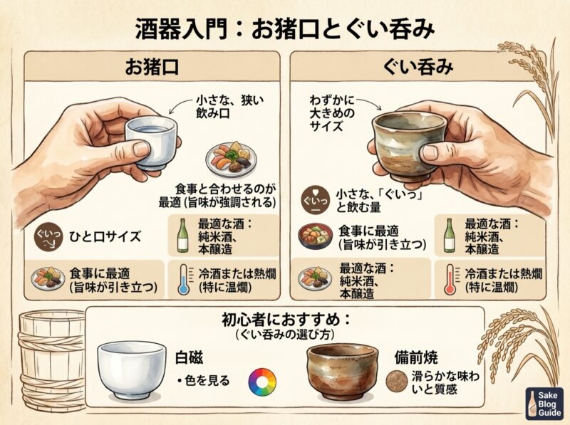お猪口とぐい呑みの違いを比較した図解:サイズ・最適な酒・温度・白磁と備前焼の選び方