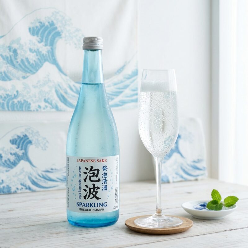 水色のスパークリング日本酒と泡立つグラス(澪のイメージ)