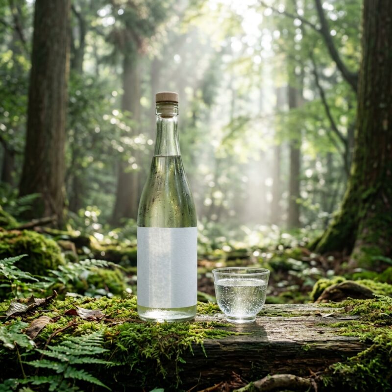 森の朝の光と白いミニマルラベルの日本酒(風の森のイメージ)