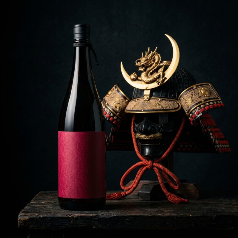 赤い兜と深紅ラベルの日本酒(赤武のイメージ)