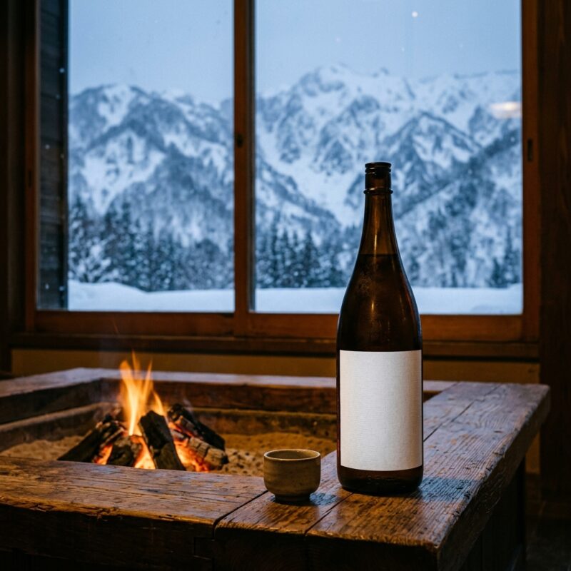 雪深い山々と囲炉裏のそばに置かれた日本酒(雪男のイメージ)