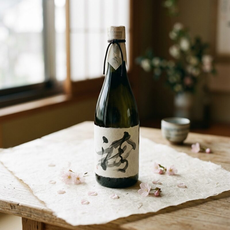 和紙と桜の花びらに囲まれた筆文字ラベルの日本酒(仙禽のイメージ)