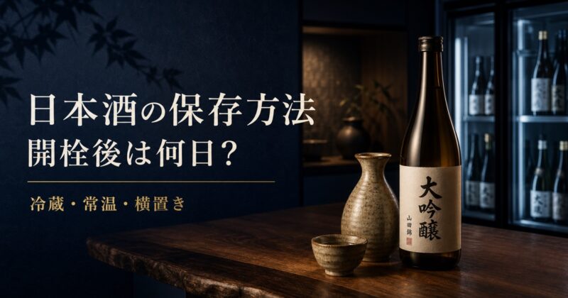 日本酒の保存方法と開栓後の目安を表す酒瓶・徳利・おちょこのアイキャッチ画像