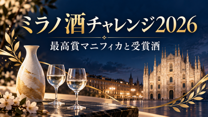 ミラノ酒チャレンジ2026の最高賞マニフィカと受賞酒。ミラノ大聖堂と日本酒のイメージ
