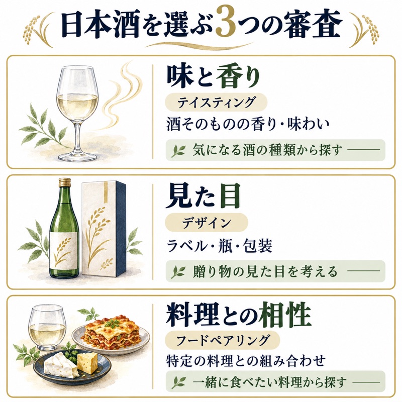 味と香り、見た目、料理との相性を、選び方とともに縦型カードで説明